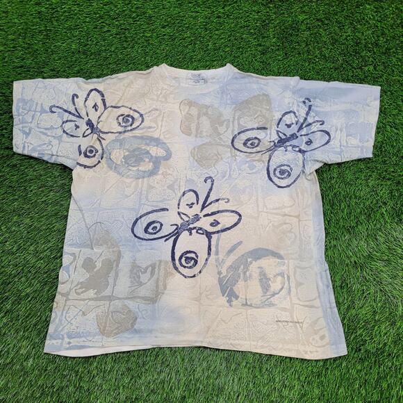 Vintage 90s Cherokee Butterfly Shirt Women L 23x26 Baggy AOP - Picture 1 of 12